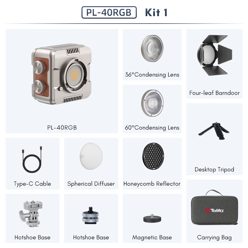 Tolifo PL-40RGB COB LED Video Light – Pocket-Size RGBWW Creator Kit Including Lamp, Lens, Magnetic Barndoor, Dome Diffuser and Hardcase with App Control, Mini Bowens Mount & 20 FX Modes