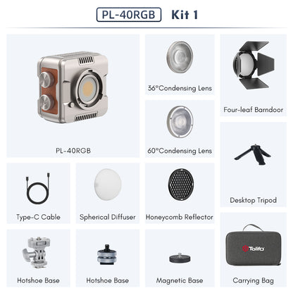 Tolifo PL-40RGB COB LED Video Light – Pocket-Size RGBWW Creator Kit Including Lamp, Lens, Magnetic Barndoor, Dome Diffuser and Hardcase with App Control, Mini Bowens Mount & 20 FX Modes