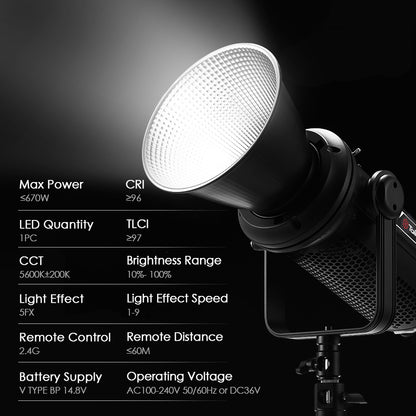 Tolifo SK-D7000SL 670W High Power Professional Studio Filming Light 5600K Daylight LED COB Video Light for Video Production